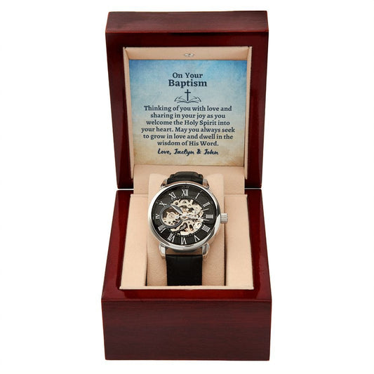 Personalized Baptism Gift Openwork Skeleton Watch - Grandson, Catholic Teenager - Christian Jewelry - Baptism Gift for Adult