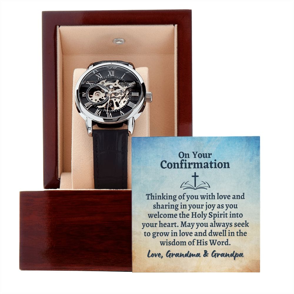 Personalized Confirmation Gift for Teenage Boy - Openwork Skeleton Watch - Lutheran Baptism Gift for Men - Christian Catholic Communion