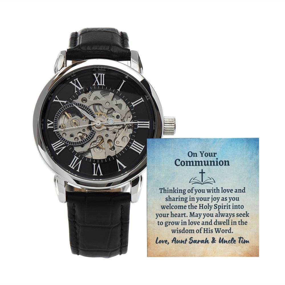 Personalized First Holy Communion Gift - Catholic Openwork Skeleton Watch Gift for Teen Boys - Religious Gift for Adult Men - Godson