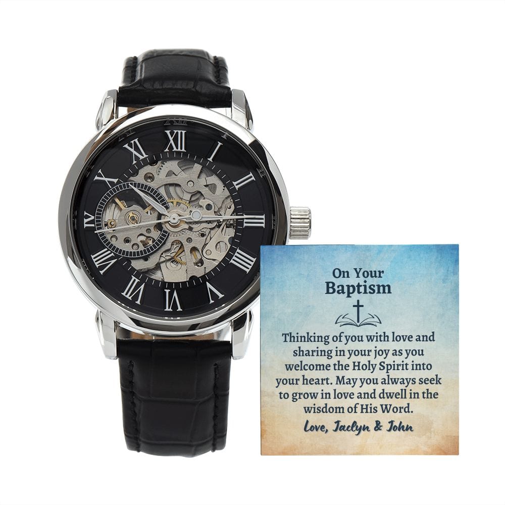 Personalized Baptism Gift Openwork Skeleton Watch - Grandson, Catholic Teenager - Christian Jewelry - Baptism Gift for Adult