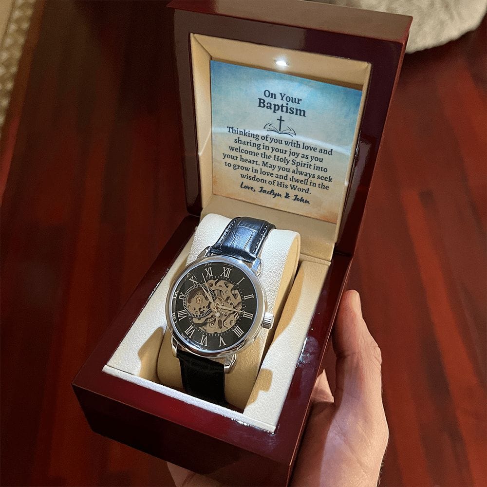 Personalized Baptism Gift Openwork Skeleton Watch - Grandson, Catholic Teenager - Christian Jewelry - Baptism Gift for Adult