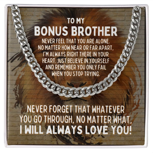To My Bonus Brother Cuban Link Chain Necklace - Motivational Lion Graduation Gift for Stepbrother - Brother-in-Law Birthday, Wedding Gift Stainless Steel / Standard Box