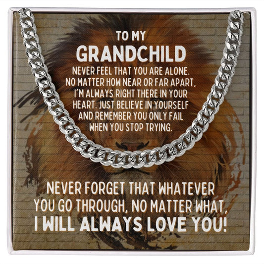 To My Grandchild Cuban Link Chain Necklace - Motivational Lion Graduation Gift for Nonbinary Grandchild - LGBTQ Birthday Gift, Wedding Gift Stainless Steel / Standard Box