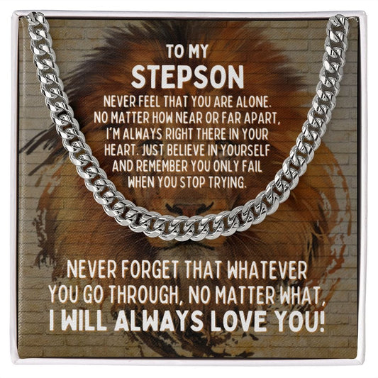 To My Stepson Cuban Link Chain Necklace - Motivational Lion Graduation Gift for Stepson - Stepson Birthday Gift, Wedding Gift Stainless Steel / Standard Box