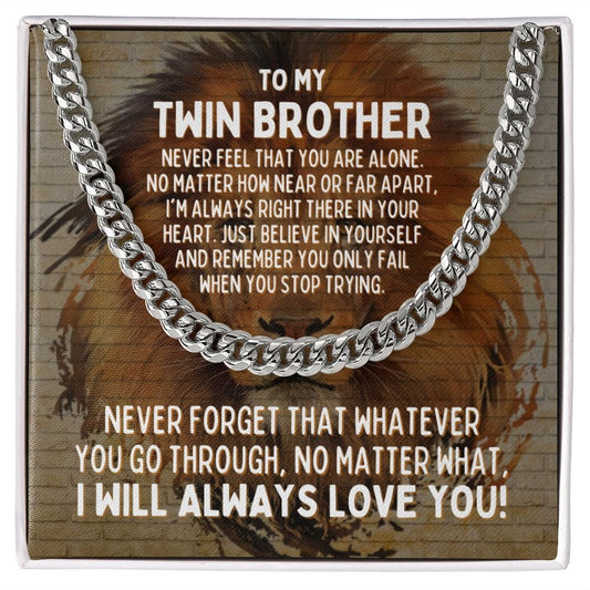 To My Twin Brother Cuban Link Chain Necklace - Motivational Lion Graduation Gift for Twin Brother - Twin Brother Birthday Gift, Wedding Gift Stainless Steel / Standard Box