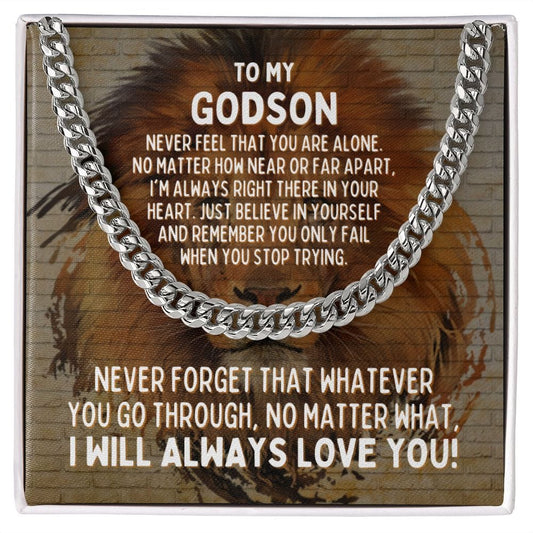 To My Godson Cuban Link Chain Necklace - Motivational Lion Graduation Gift for Godson - Godson Birthday Gift, Wedding Gift Stainless Steel / Standard Box