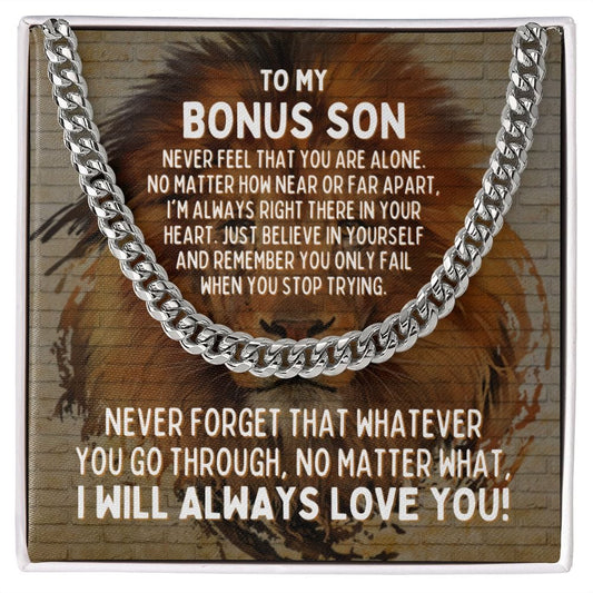 To My Bonus Son Cuban Link Chain Necklace - Motivational Lion Graduation Gift for Son-in-Law - Stepson Birthday Gift, Wedding Gift Stainless Steel / Standard Box