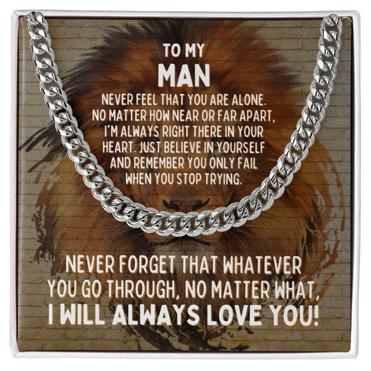 To My Man Cuban Link Chain Necklace - Motivational Lion Anniversary Gift for Husband, Boyfriend - Fiance Birthday Gift, Wedding Gift Stainless Steel / Standard Box