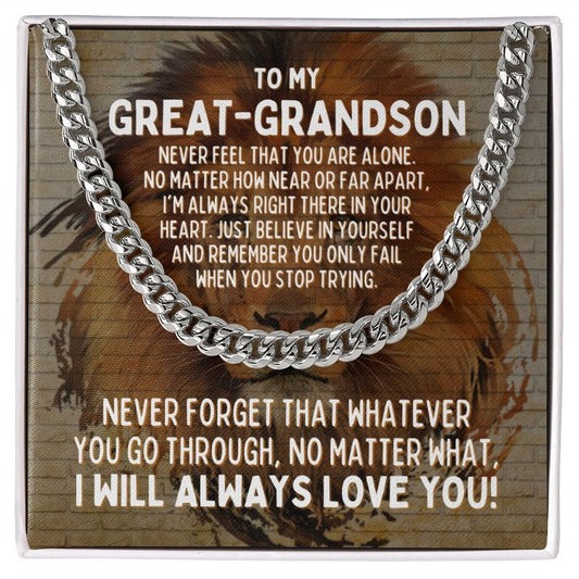To My Great-Grandson Cuban Link Chain Necklace - Motivational Lion Graduation Gift for Great-Grandson - Birthday Gift, Wedding Gift Stainless Steel / Standard Box