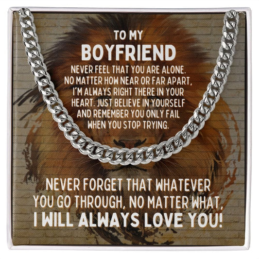 To My Boyfriend Cuban Link Chain Necklace - Motivational Lion Graduation Gift for Boyfriend - Boyfriend Birthday Gift, Wedding Gift Stainless Steel / Standard Box