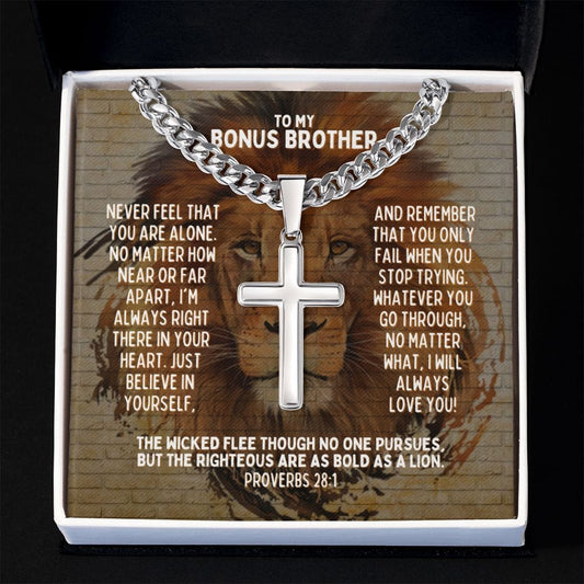 Personalized Bonus Brother Cuban Link Cross Necklace - Motivational Lion Graduation Gift for Stepbrother - Brother-in-Law Birthday, Wedding Two Tone Box