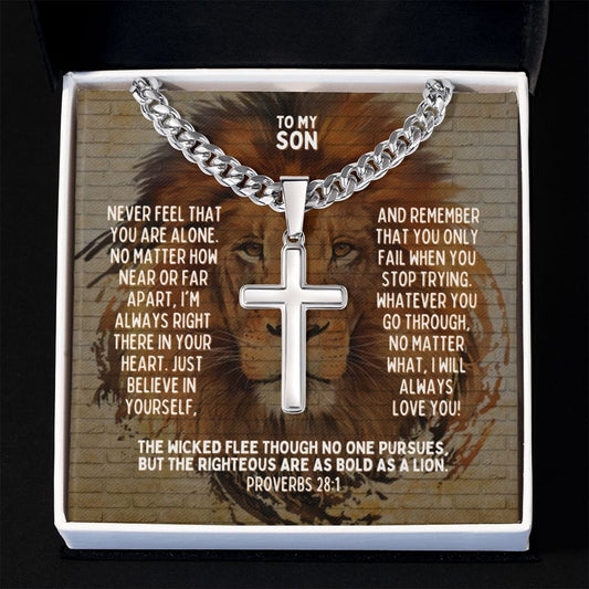 Personalized To My Son Cuban Link Cross Necklace - Motivational Lion Graduation Gift for Son - Christian Son Birthday, Confirmation Gift Two Tone Box