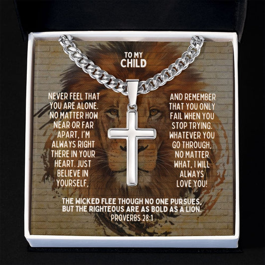 Personalized Child Cuban Link Cross Necklace - Motivational Lion Graduation Gift for Nonbinary Child - LGBTQ Child Birthday, Wedding Gift Two Tone Box