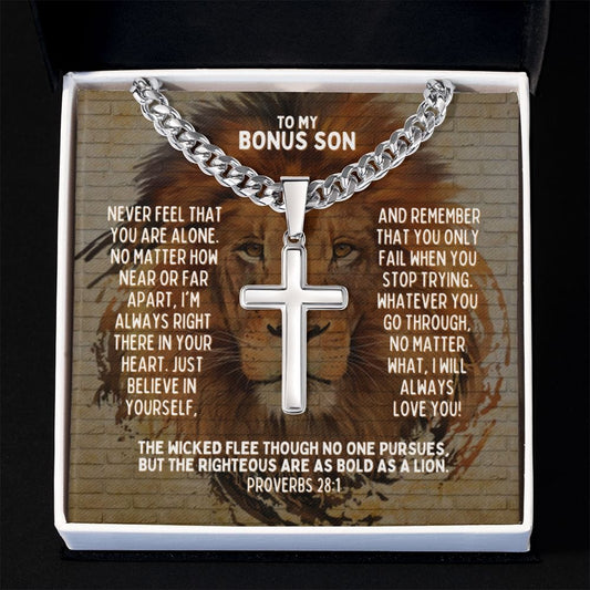 Personalized Bonus Son Cuban Link Cross Necklace - Motivational Lion Graduation Gift for Son-in-Law - Stepson Birthday Gift, Wedding Gift Two Tone Box
