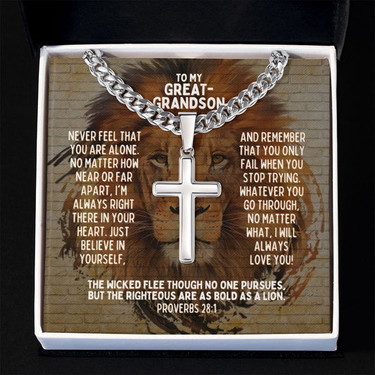 Personalized Great-Grandson Cuban Link Cross Necklace - Motivational Lion Graduation Gift for Great-Grandson - Christian Birthday Gift Two Tone Box