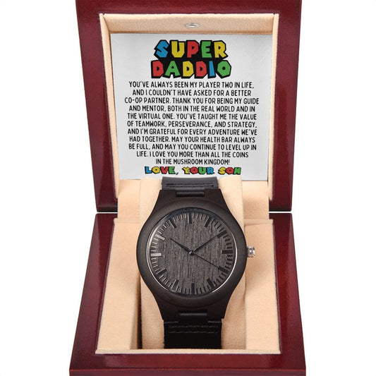 Super Daddio Wooden Watch - Funny Fathers Day Gift for Gamer - Video Game Birthday Gift to Dad from Son