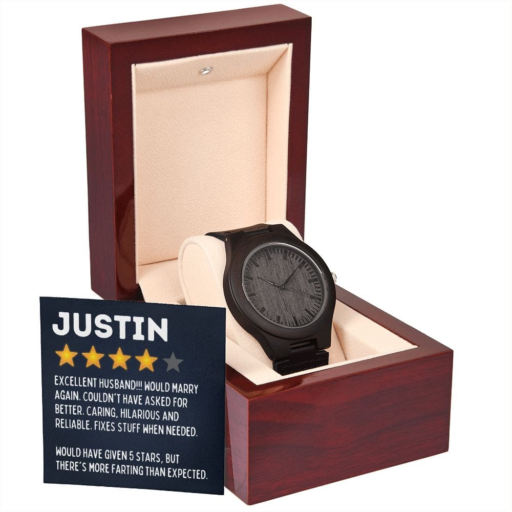 Personalized Husband Name Gift - 5 Star Rating, Wooden Watch for Husband from Wife - Gift for Anniversary, Valentines Day, Birthday