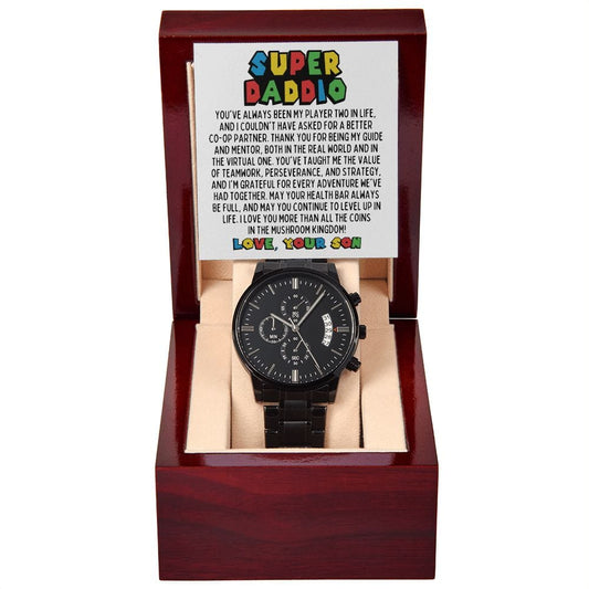Super Daddio Black Chronograph Watch - Funny Fathers Day Gift for Gamer - Video Game Birthday Gift to Dad from Son