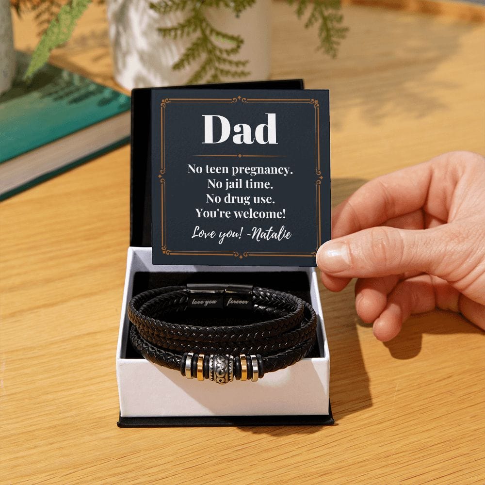 Personalized Funny Fathers Day Gift - Vegan Leather Bracelet for Dad - No Teen Pregnancy Jail Time Drug Use - Gift from Daughter Two Tone Box