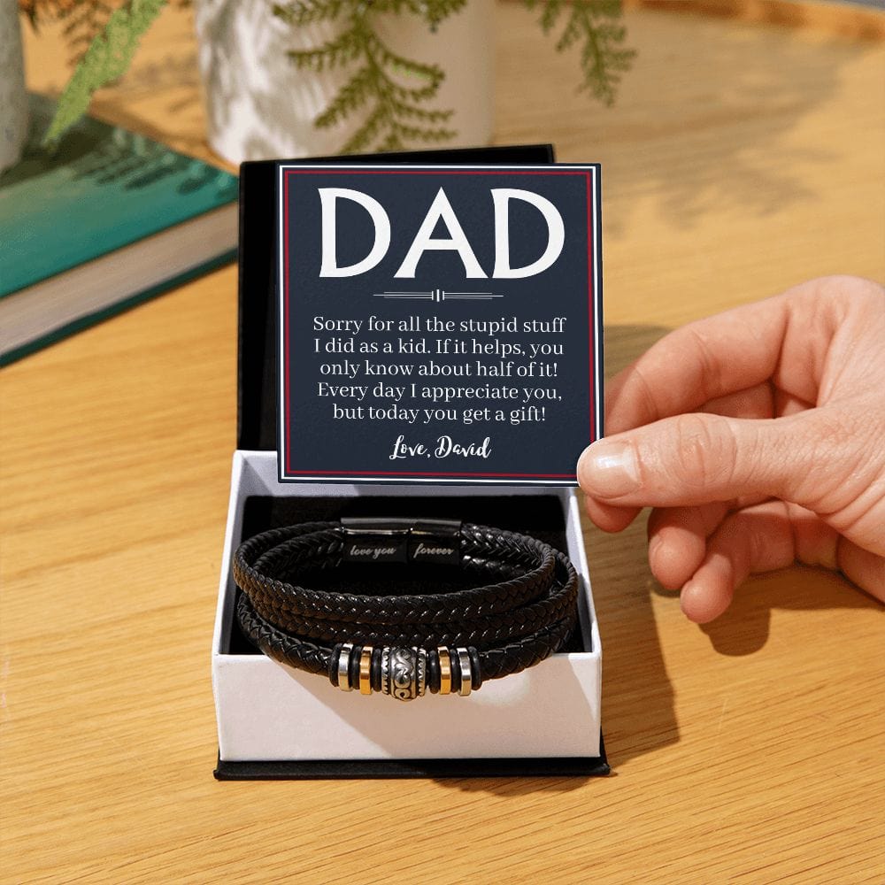 Personalized Funny Fathers Day Gift - Vegan Leather Bracelet for Dad - Sorry for the Stupid Stuff - Dad Gift from Daughter - Gift from Son Two Tone Box