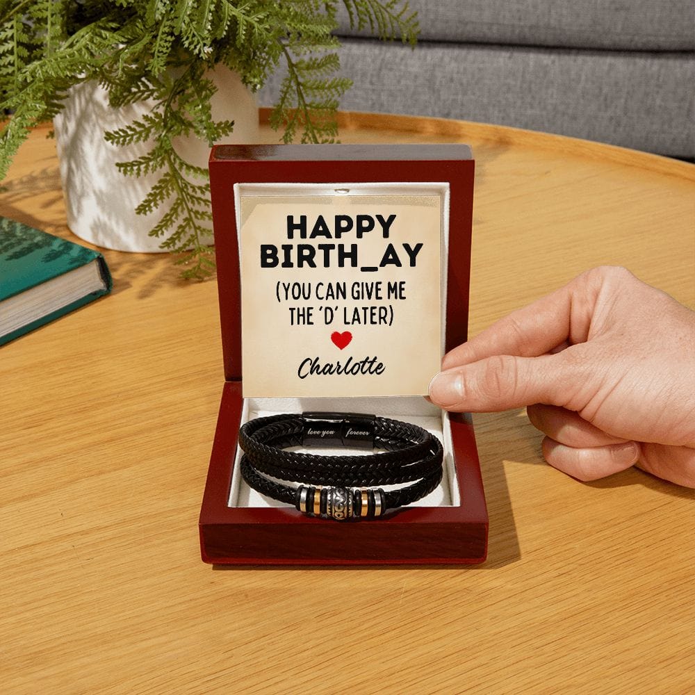 Personalized Raunchy Birthday Gift for Men - Give Me the D - Vegan Leather Bracelet for Husband, Boyfriend, Fiance - Funny Card from Wife Luxury Box w/LED