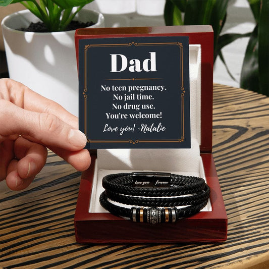 Personalized Funny Fathers Day Gift - Vegan Leather Bracelet for Dad - No Teen Pregnancy Jail Time Drug Use - Gift from Daughter