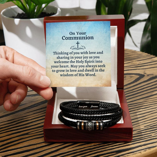 First Holy Communion Gift - Thinking of You - Catholic Leather Bracelet Gift for Teen Boys - Religious Gift for Adult Men - Godson Communion