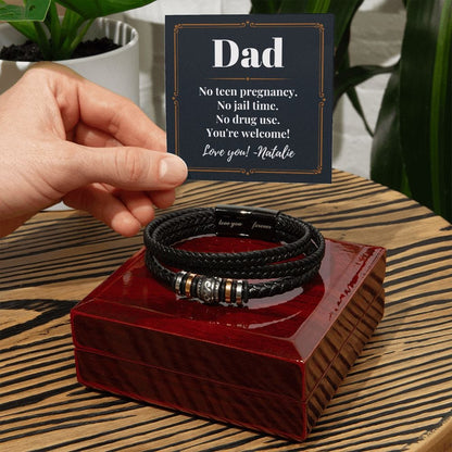 Personalized Funny Fathers Day Gift - Vegan Leather Bracelet for Dad - No Teen Pregnancy Jail Time Drug Use - Gift from Daughter
