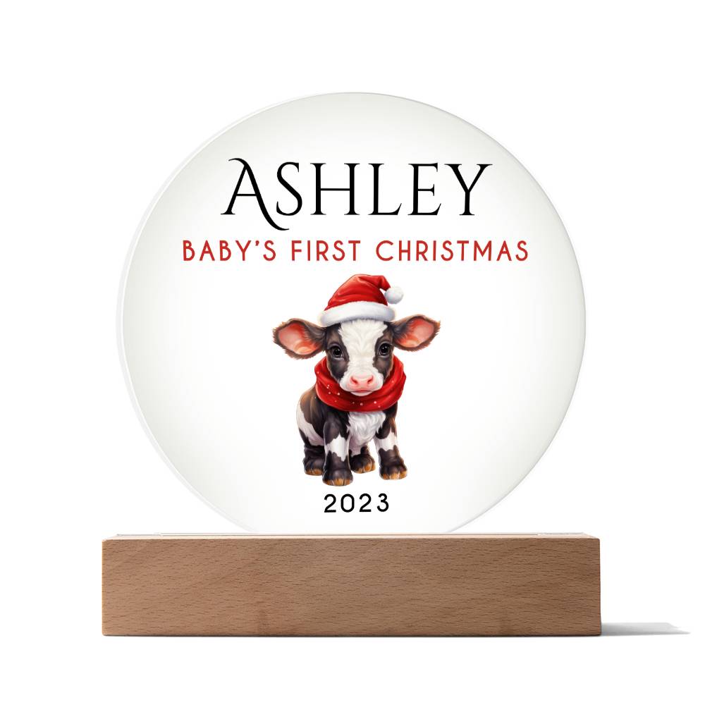 Personalized Baby's First Christmas Sign, Baby Cow Name Acrylic Plaque, Custom Baby Shower Gift, Baby 1st Xmas New Parents Gift