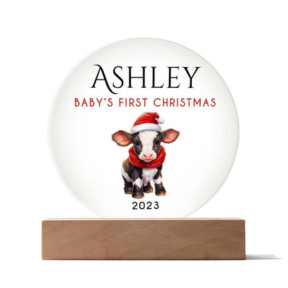 Personalized Baby's First Christmas Sign, Baby Cow Name Acrylic Plaque, Custom Baby Shower Gift, Baby 1st Xmas New Parents Gift