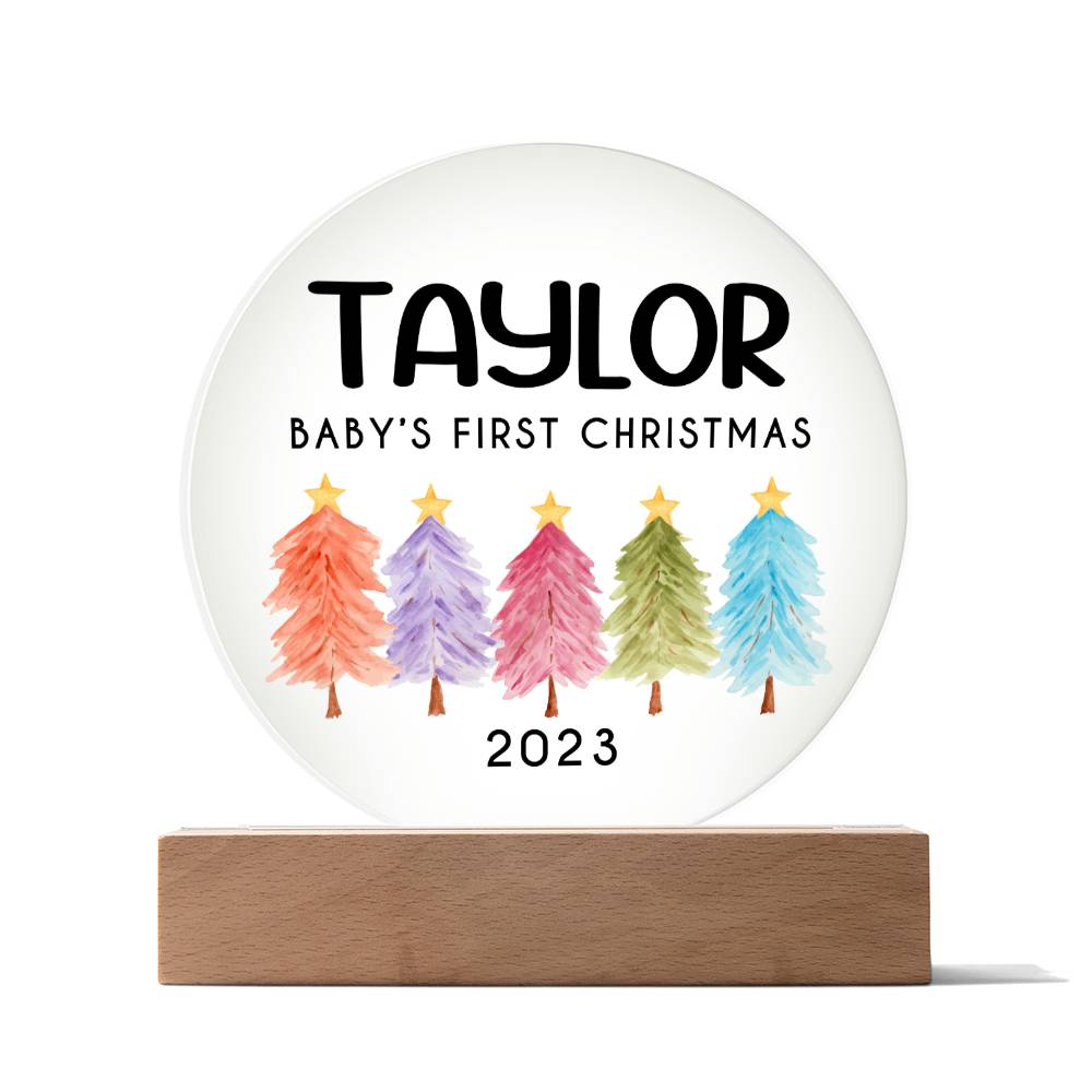 Personalized Baby's First Christmas Sign, Watercolor Trees Name Acrylic Plaque, Custom Baby Shower Gift, Baby 1st Xmas New Parents Gift