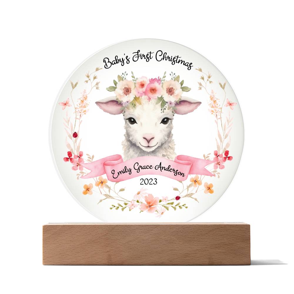 Personalized Baby's First Christmas Sign, Baby Girl Lamb Name Acrylic Plaque, Custom Baby Shower Gift, Baby 1st Xmas New Parents Gift