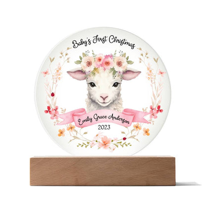 Personalized Baby's First Christmas Sign, Baby Girl Lamb Name Acrylic Plaque, Custom Baby Shower Gift, Baby 1st Xmas New Parents Gift