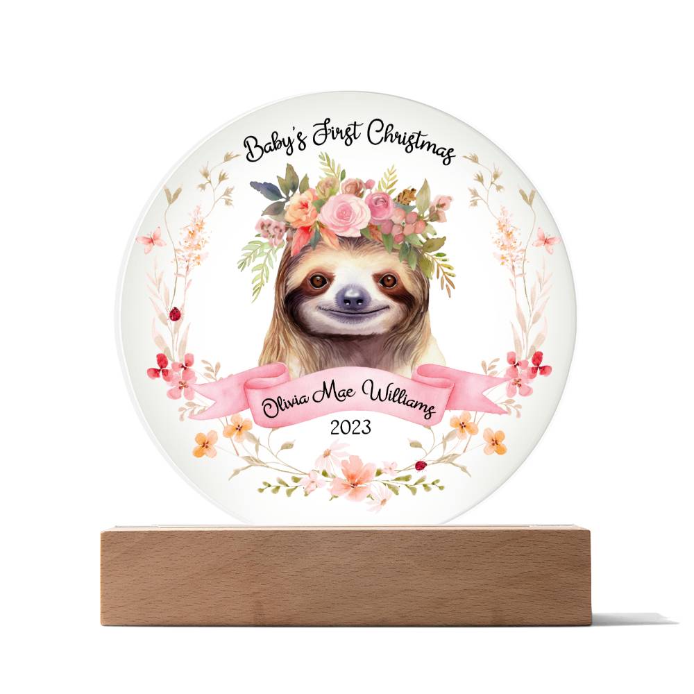 Personalized Baby's First Christmas Sign, Baby Girl Sloth Name Acrylic Plaque, Custom Baby Shower Gift, Baby 1st Xmas New Parents Gift