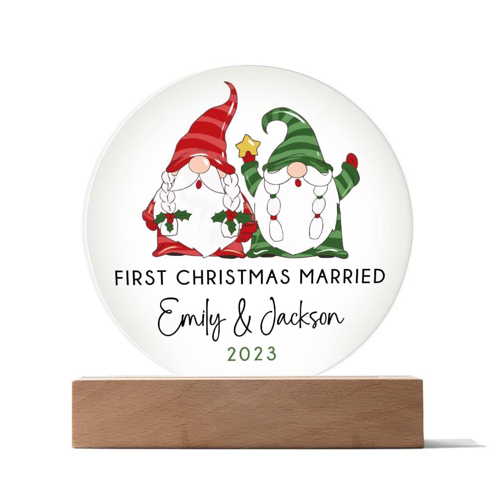 Personalized First Christmas Married Sign, Custom Gnomes Wedding Gift for Newlyweds, Couples Engagement Acrylic Plaque, Custom Mr Mrs