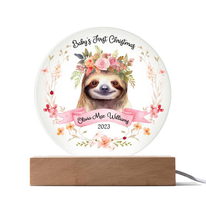 Personalized Baby's First Christmas Sign, Baby Girl Sloth Name Acrylic Plaque, Custom Baby Shower Gift, Baby 1st Xmas New Parents Gift