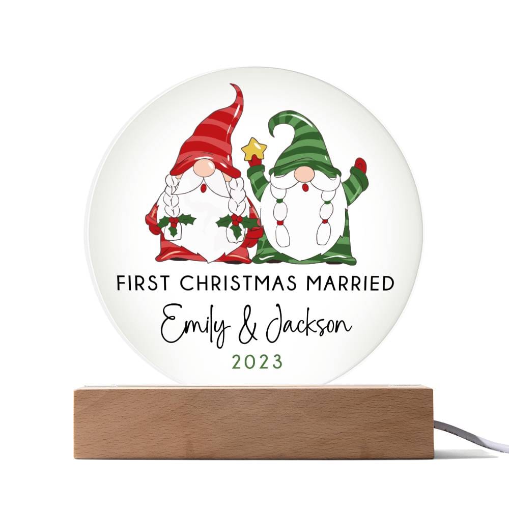 Personalized First Christmas Married Sign, Custom Gnomes Wedding Gift for Newlyweds, Couples Engagement Acrylic Plaque, Custom Mr Mrs