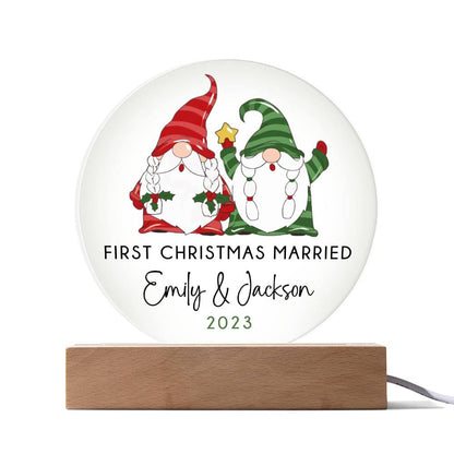 Personalized First Christmas Married Sign, Custom Gnomes Wedding Gift for Newlyweds, Couples Engagement Acrylic Plaque, Custom Mr Mrs