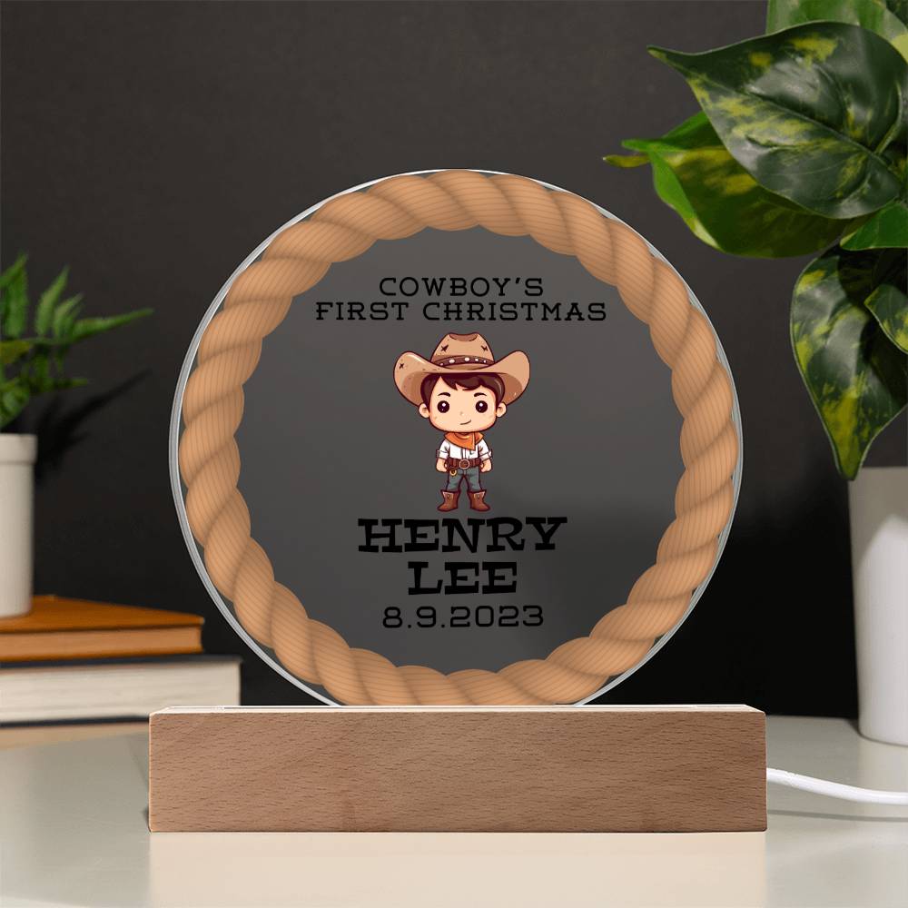 Personalized Baby's First Christmas Sign, Baby Boy Cowboy Name Acrylic Plaque, Custom Baby Shower Gift, Baby 1st Xmas New Parents Gift