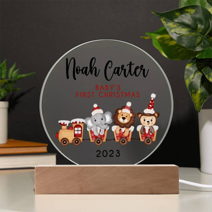 Personalized Baby's First Christmas Sign, Cute Animals Train Name Acrylic Plaque, Custom Baby Shower Gift, Baby 1st Xmas New Parents Gift