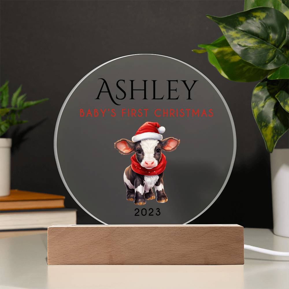 Personalized Baby's First Christmas Sign, Baby Cow Name Acrylic Plaque, Custom Baby Shower Gift, Baby 1st Xmas New Parents Gift