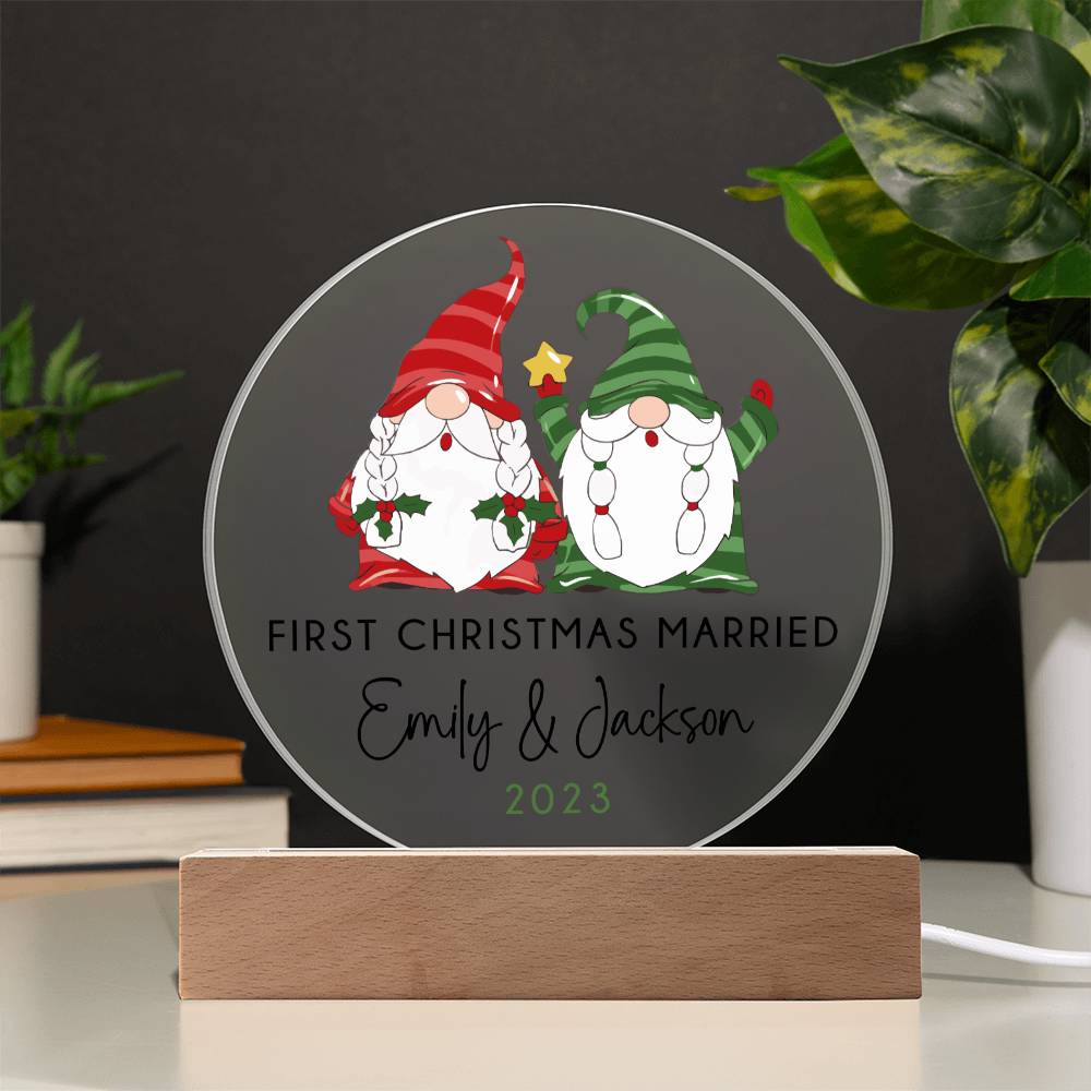 Personalized First Christmas Married Sign, Custom Gnomes Wedding Gift for Newlyweds, Couples Engagement Acrylic Plaque, Custom Mr Mrs