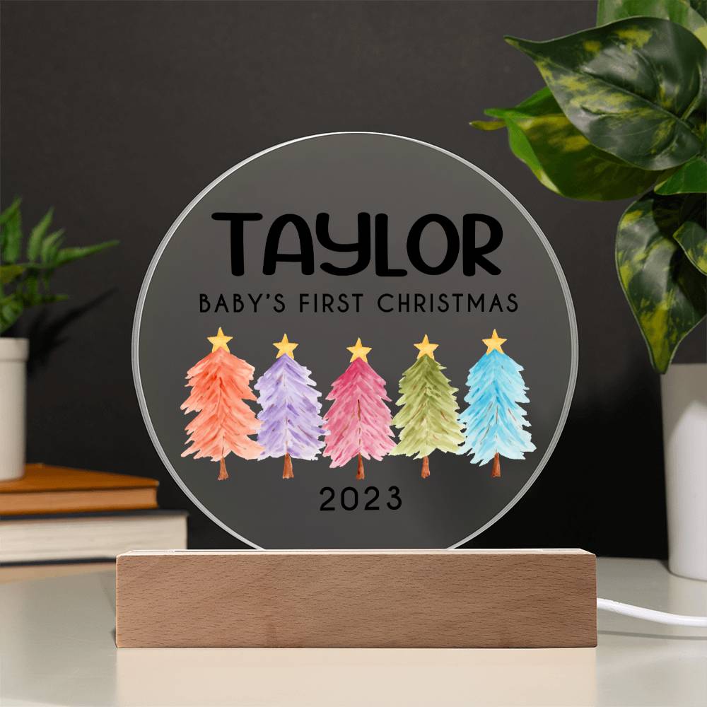 Personalized Baby's First Christmas Sign, Watercolor Trees Name Acrylic Plaque, Custom Baby Shower Gift, Baby 1st Xmas New Parents Gift