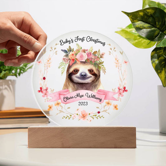 Personalized Baby's First Christmas Sign, Baby Girl Sloth Name Acrylic Plaque, Custom Baby Shower Gift, Baby 1st Xmas New Parents Gift