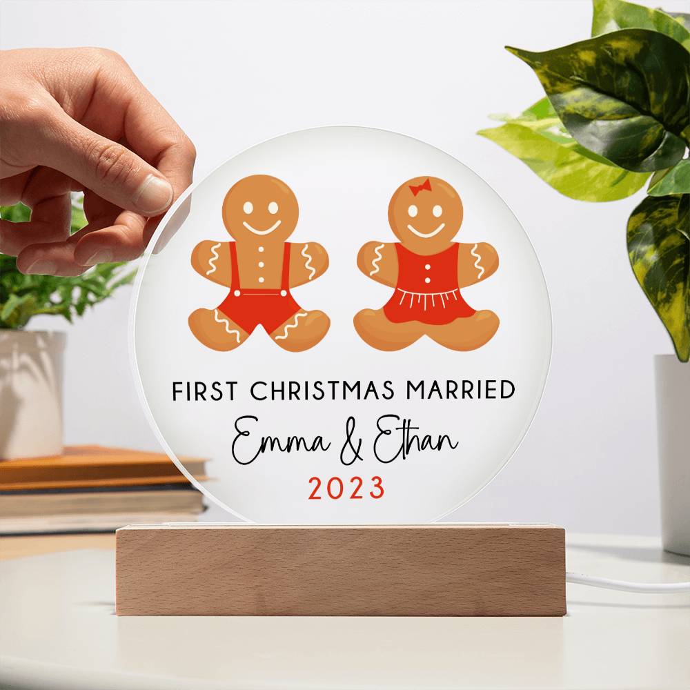 Personalized First Christmas Married Sign, Custom Gingerbread Wedding Gift for Newlyweds, Couples Engagement Acrylic Plaque, Custom Mr Mrs