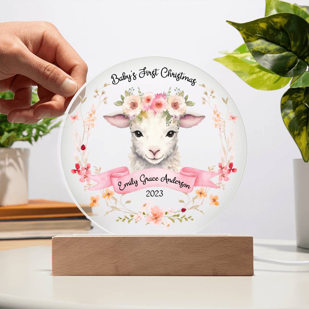 Personalized Baby's First Christmas Sign, Baby Girl Lamb Name Acrylic Plaque, Custom Baby Shower Gift, Baby 1st Xmas New Parents Gift