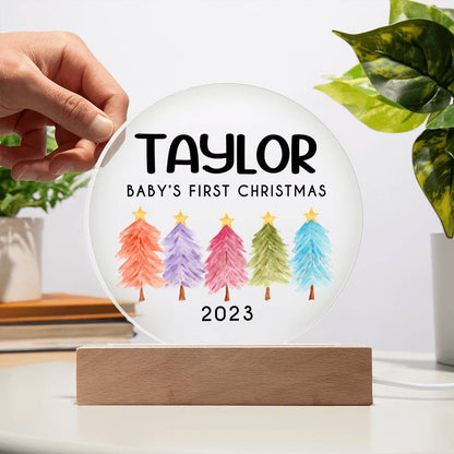 Personalized Baby's First Christmas Sign, Watercolor Trees Name Acrylic Plaque, Custom Baby Shower Gift, Baby 1st Xmas New Parents Gift