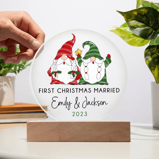 Personalized First Christmas Married Sign, Custom Gnomes Wedding Gift for Newlyweds, Couples Engagement Acrylic Plaque, Custom Mr Mrs