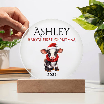 Personalized Baby's First Christmas Sign, Baby Cow Name Acrylic Plaque, Custom Baby Shower Gift, Baby 1st Xmas New Parents Gift