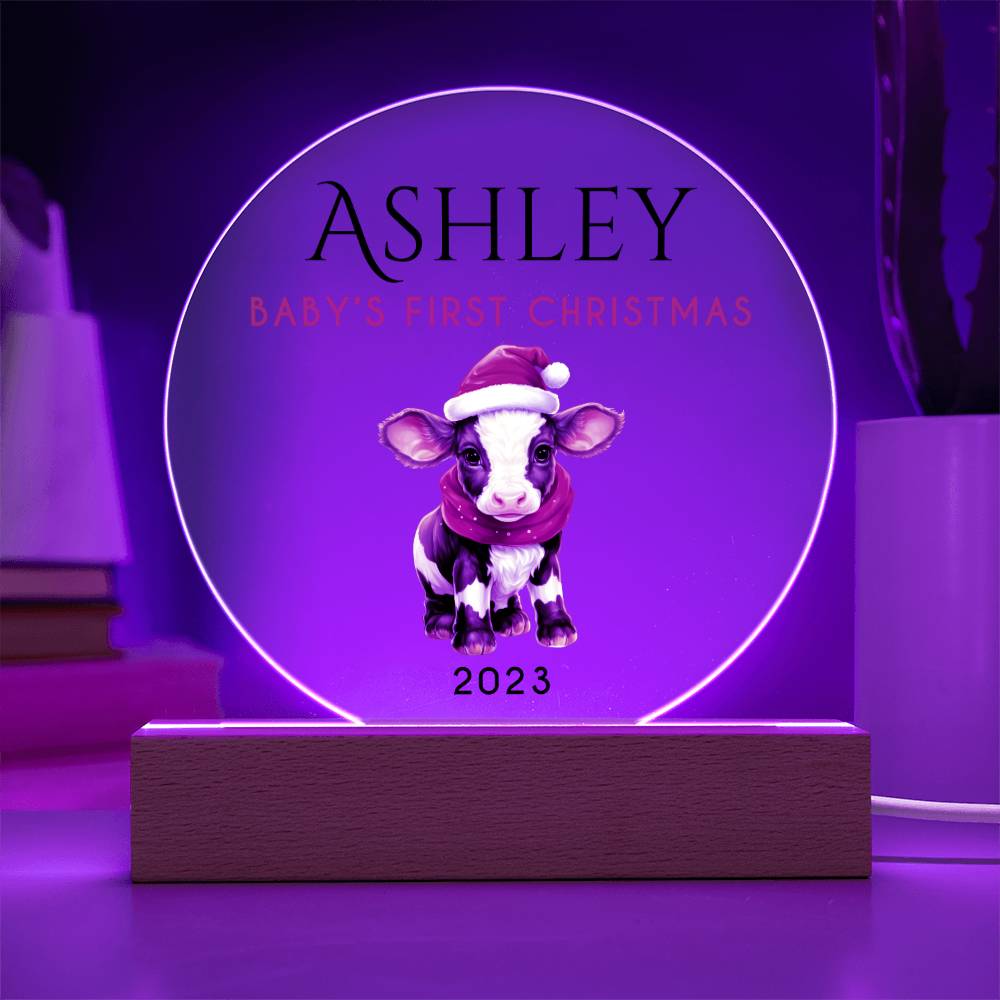 Personalized Baby's First Christmas Sign, Baby Cow Name Acrylic Plaque, Custom Baby Shower Gift, Baby 1st Xmas New Parents Gift